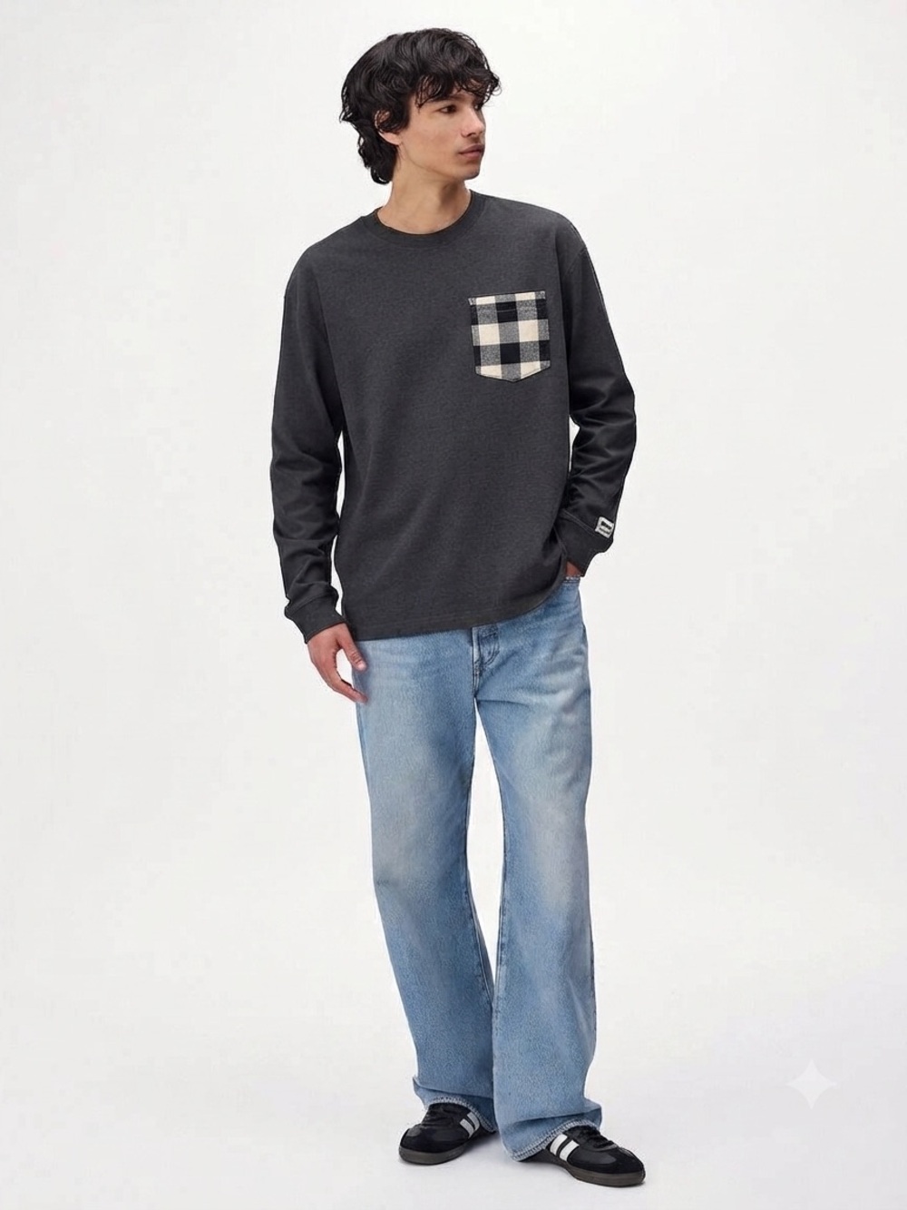 Roots Charcoal Long-Sleeve Crewneck Shirt with Check Pocket